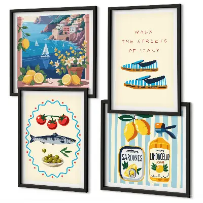 Set van posters met lijst met Italiaanse smaken en kleurrijke afbeeldingen