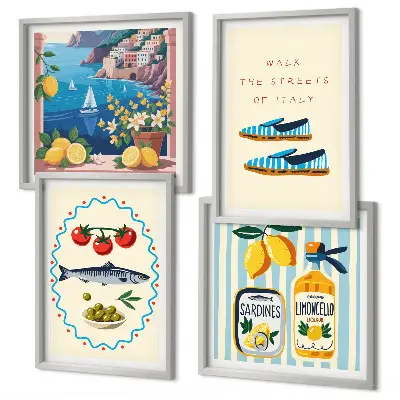 Set van posters met lijst met Italiaanse smaken en kleurrijke afbeeldingen