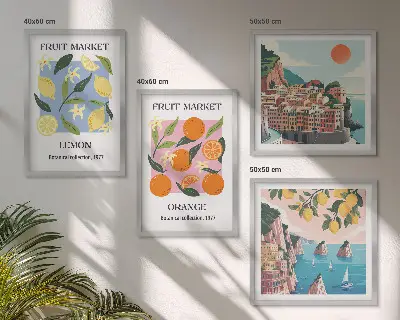 Fruitposters met citroenen en sinaasappels meerluik in lijst