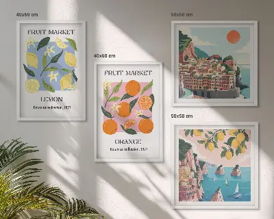 Fruitposters met citroenen en sinaasappels meerluik in lijst
