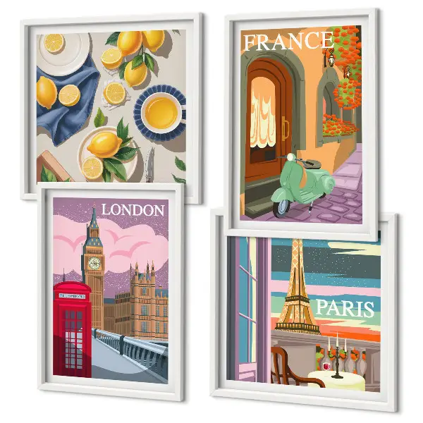 Set van posters met lijst stadsgezichten van Parijs en Londen
