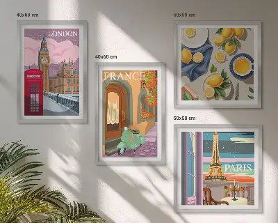 Set van posters met lijst stadsgezichten van Parijs en Londen