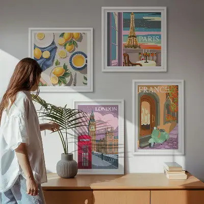 Set van posters met lijst stadsgezichten van Parijs en Londen