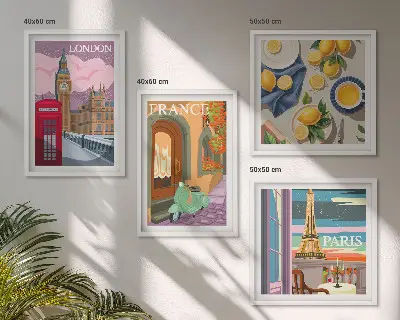 Set van posters met lijst stadsgezichten van Parijs en Londen