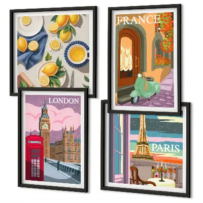 Set van posters met lijst stadsgezichten van Parijs en Londen
