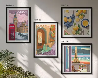 Set van posters met lijst stadsgezichten van Parijs en Londen