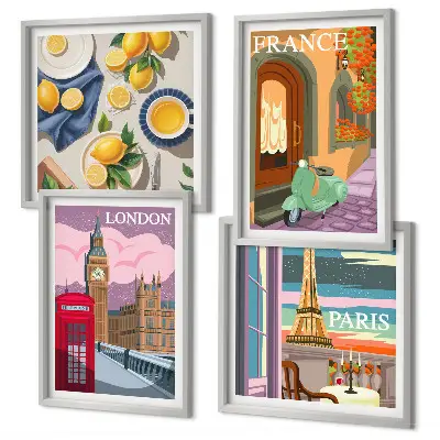Set van posters met lijst stadsgezichten van Parijs en Londen