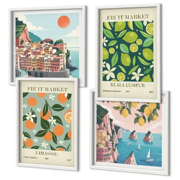 Vintage posters met fruitpatronen meerluik in lijst