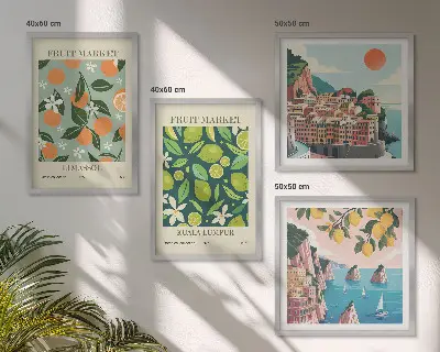 Vintage posters met fruitpatronen meerluik in lijst