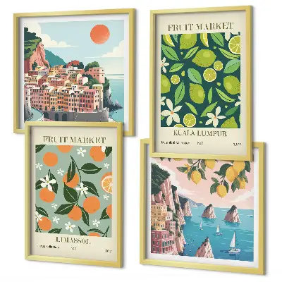 Vintage posters met fruitpatronen meerluik in lijst