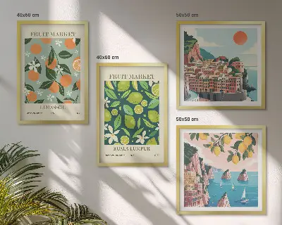 Vintage posters met fruitpatronen meerluik in lijst