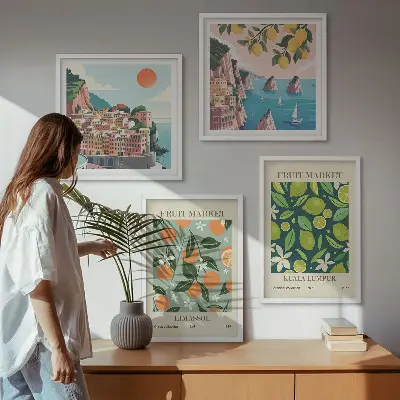 Vintage posters met fruitpatronen meerluik in lijst