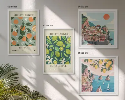 Vintage posters met fruitpatronen meerluik in lijst