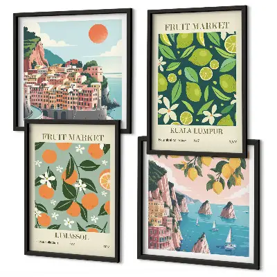 Vintage posters met fruitpatronen meerluik in lijst