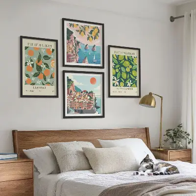 Vintage posters met fruitpatronen meerluik in lijst