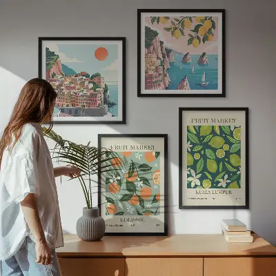 Vintage posters met fruitpatronen meerluik in lijst