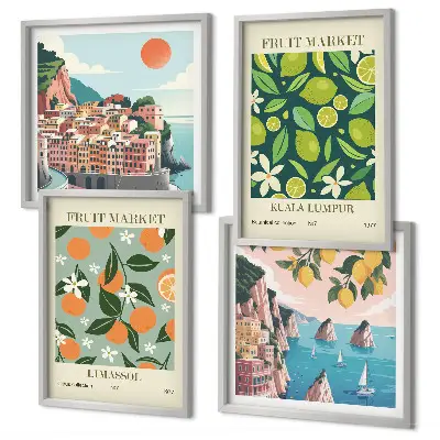 Vintage posters met fruitpatronen meerluik in lijst