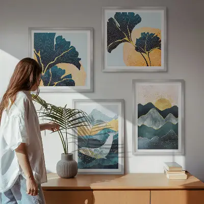 Abstracte esthetische bergen meerluik in lijst