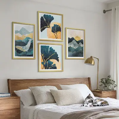 Abstracte esthetische bergen meerluik in lijst