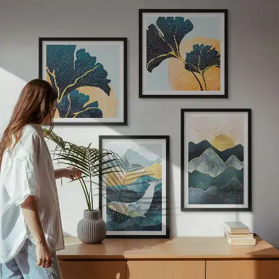 Abstracte esthetische bergen meerluik in lijst