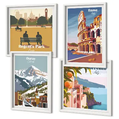 Set van posters met lijst Retro-illustraties van beroemde plaatsen
