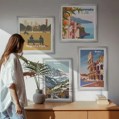 Set van posters met lijst Retro-illustraties van beroemde plaatsen