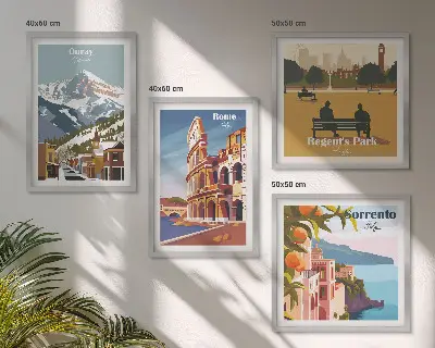 Set van posters met lijst Retro-illustraties van beroemde plaatsen
