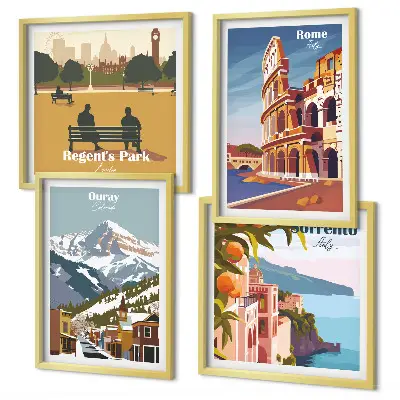 Set van posters met lijst Retro-illustraties van beroemde plaatsen