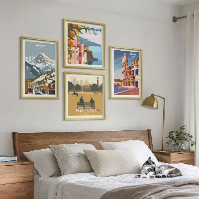 Set van posters met lijst Retro-illustraties van beroemde plaatsen