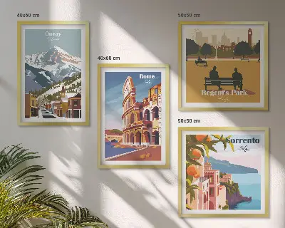 Set van posters met lijst Retro-illustraties van beroemde plaatsen