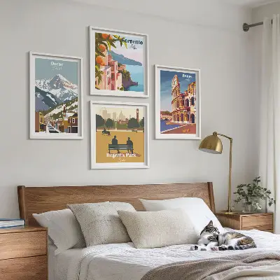 Set van posters met lijst Retro-illustraties van beroemde plaatsen