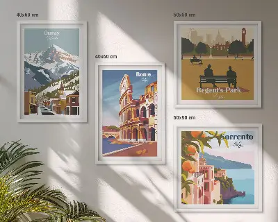 Set van posters met lijst Retro-illustraties van beroemde plaatsen
