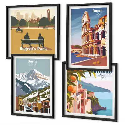 Set van posters met lijst Retro-illustraties van beroemde plaatsen