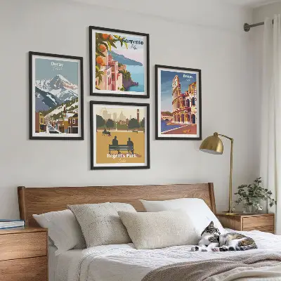 Set van posters met lijst Retro-illustraties van beroemde plaatsen