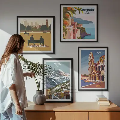 Set van posters met lijst Retro-illustraties van beroemde plaatsen