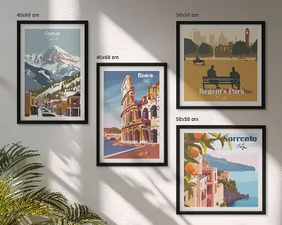 Set van posters met lijst Retro-illustraties van beroemde plaatsen