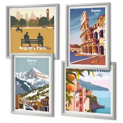 Set van posters met lijst Retro-illustraties van beroemde plaatsen