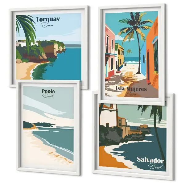Set van posters met lijst met tropische stranden en palmbomen