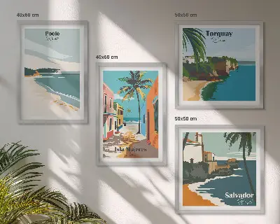 Set van posters met lijst met tropische stranden en palmbomen
