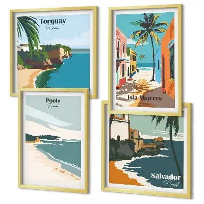 Set van posters met lijst met tropische stranden en palmbomen