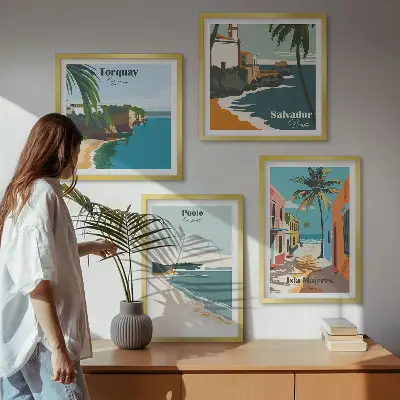 Set van posters met lijst met tropische stranden en palmbomen