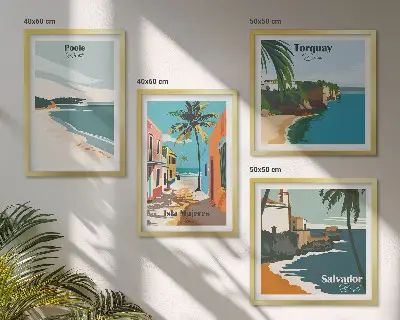 Set van posters met lijst met tropische stranden en palmbomen