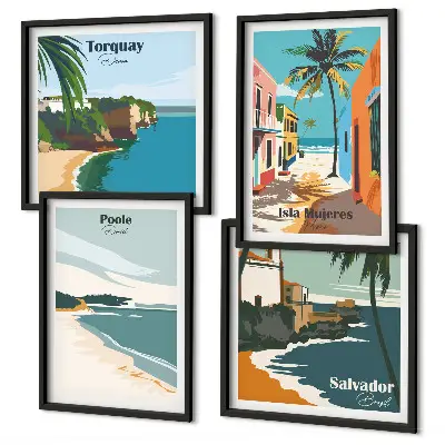 Set van posters met lijst met tropische stranden en palmbomen