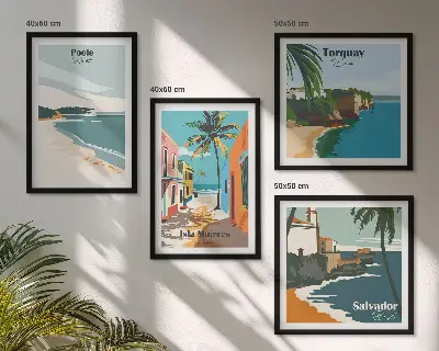 Set van posters met lijst met tropische stranden en palmbomen