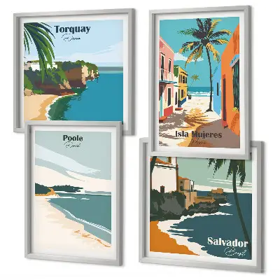 Set van posters met lijst met tropische stranden en palmbomen
