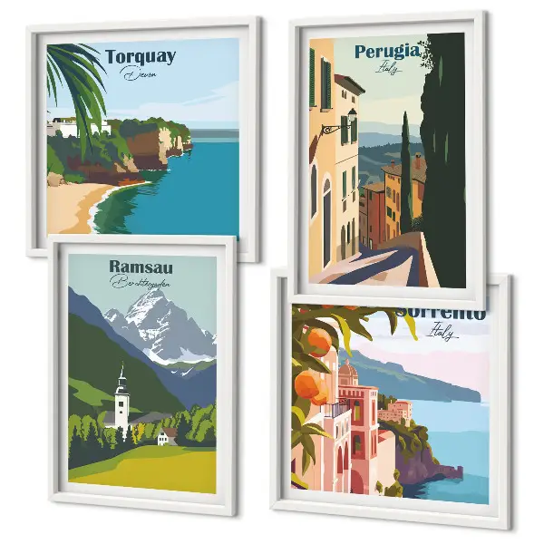 Set van posters met lijst Berglandschappen en steden