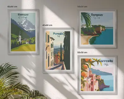 Set van posters met lijst Berglandschappen en steden