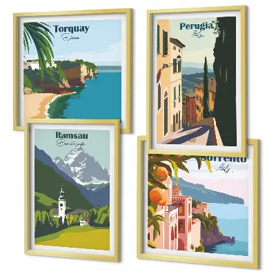 Set van posters met lijst Berglandschappen en steden