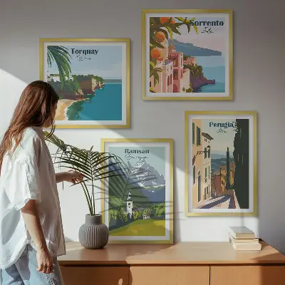 Set van posters met lijst Berglandschappen en steden