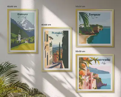 Set van posters met lijst Berglandschappen en steden